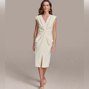 Donna Karan New York Ivory Sheath Midi Dress Ruched Front Size 4 NWOT